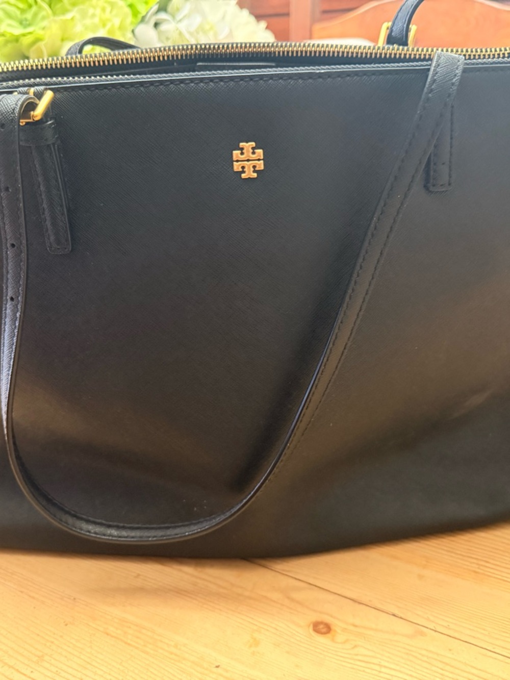 Tory Burch Black Leather Tote with Gold Logo Accent
